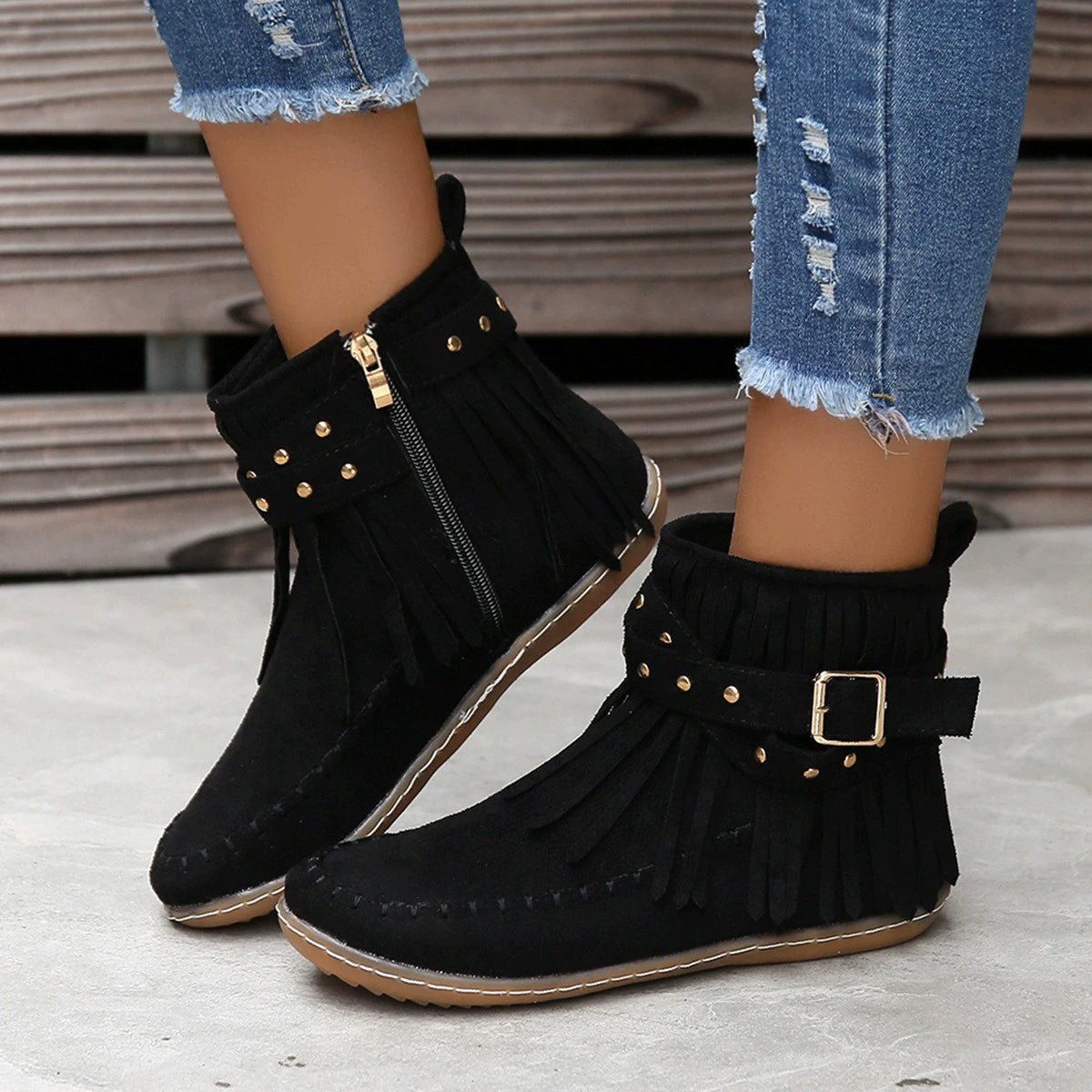 Studded Fringed Flat Boots - Suede Luxe