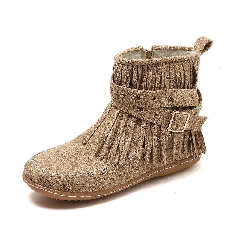 Studded Fringed Flat Boots - Suede Luxe