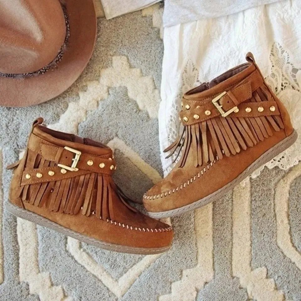 Studded Fringed Flat Boots - Suede Luxe