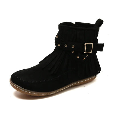 Studded Fringed Flat Boots - Suede Luxe