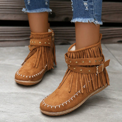 Studded Fringed Flat Boots - Suede Luxe