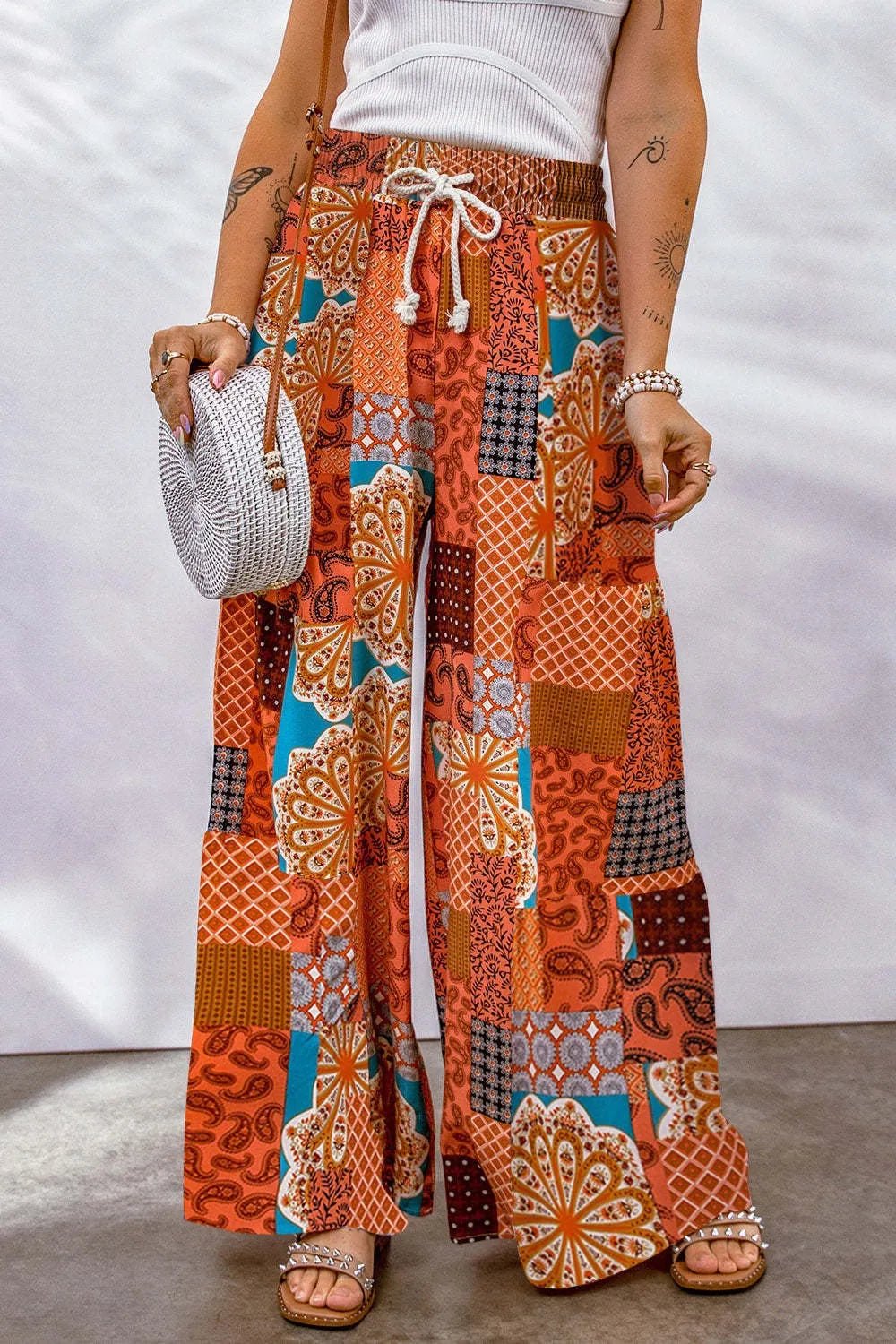 Full Size Drawstring Printed Wide Leg Pants - Style Chic Couture