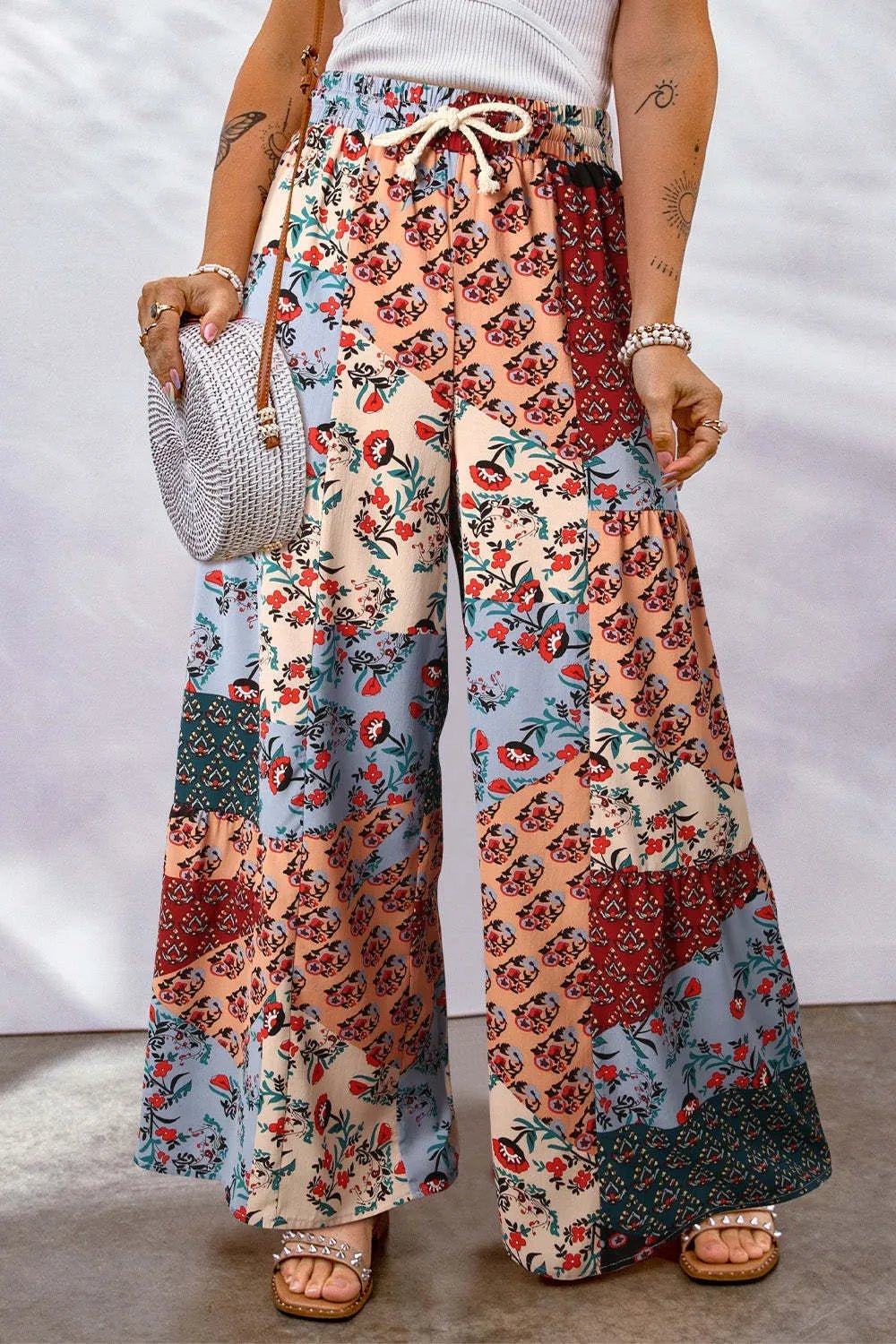 Full Size Drawstring Printed Wide Leg Pants - Style Chic Couture