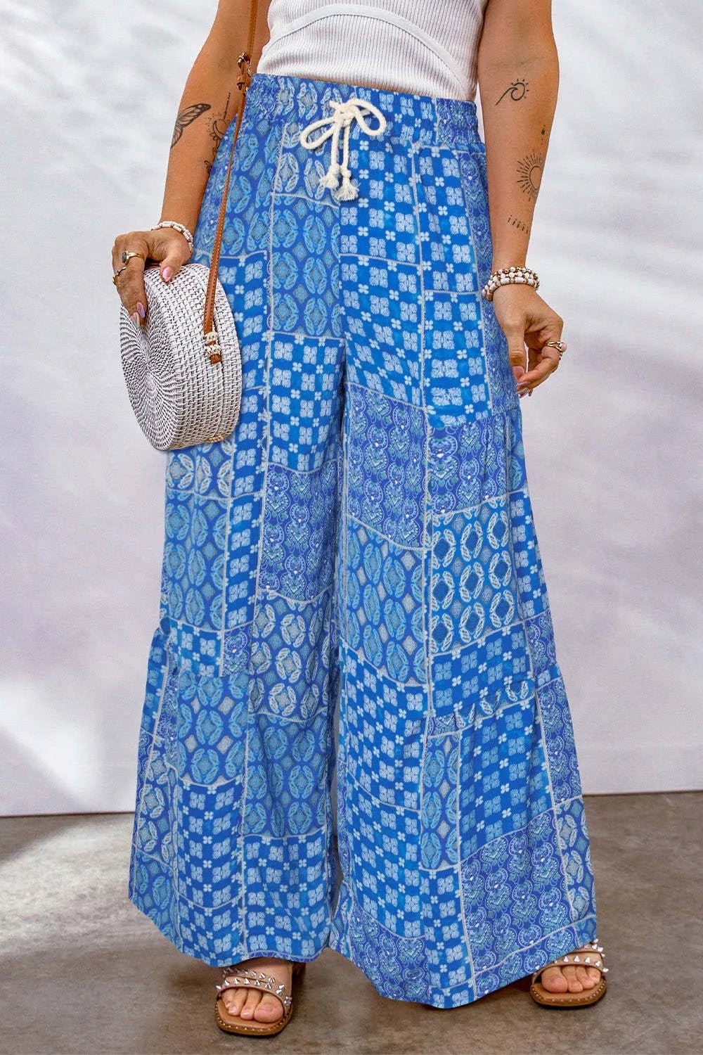 Full Size Drawstring Printed Wide Leg Pants - Style Chic Couture