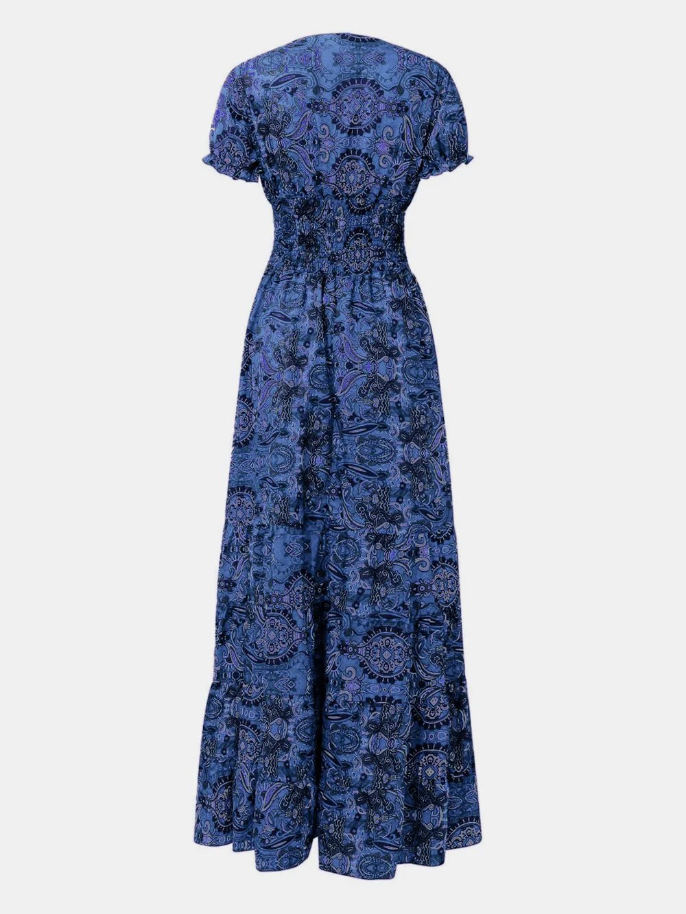 Full Size Smocked Printed V - Neck Short Sleeve Dress - Style Chic Couture