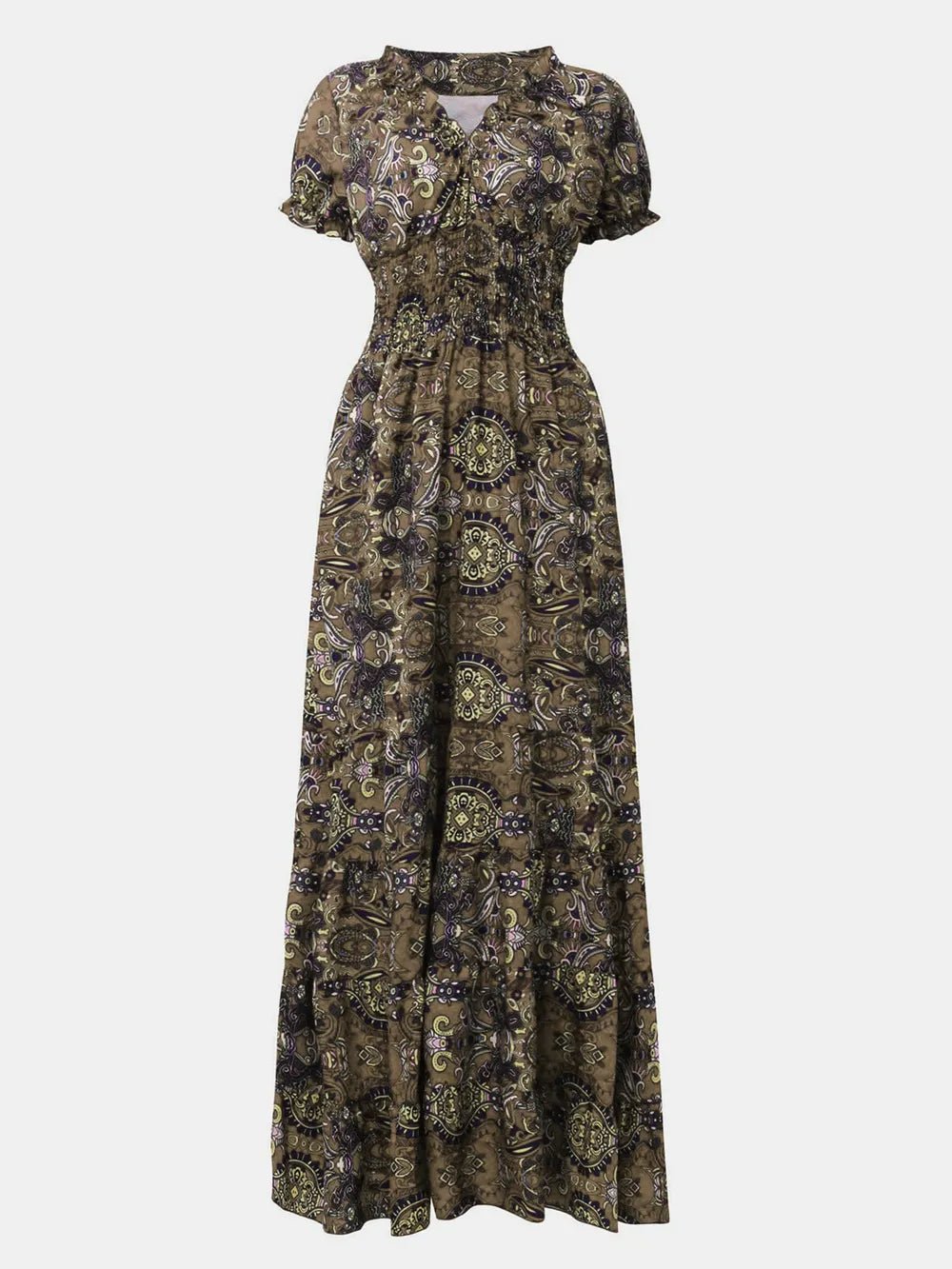 Full Size Smocked Printed V - Neck Short Sleeve Dress - Style Chic Couture