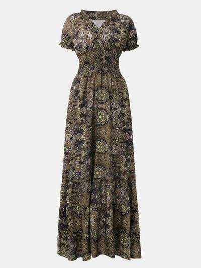 Full Size Smocked Printed V - Neck Short Sleeve Dress - Style Chic Couture