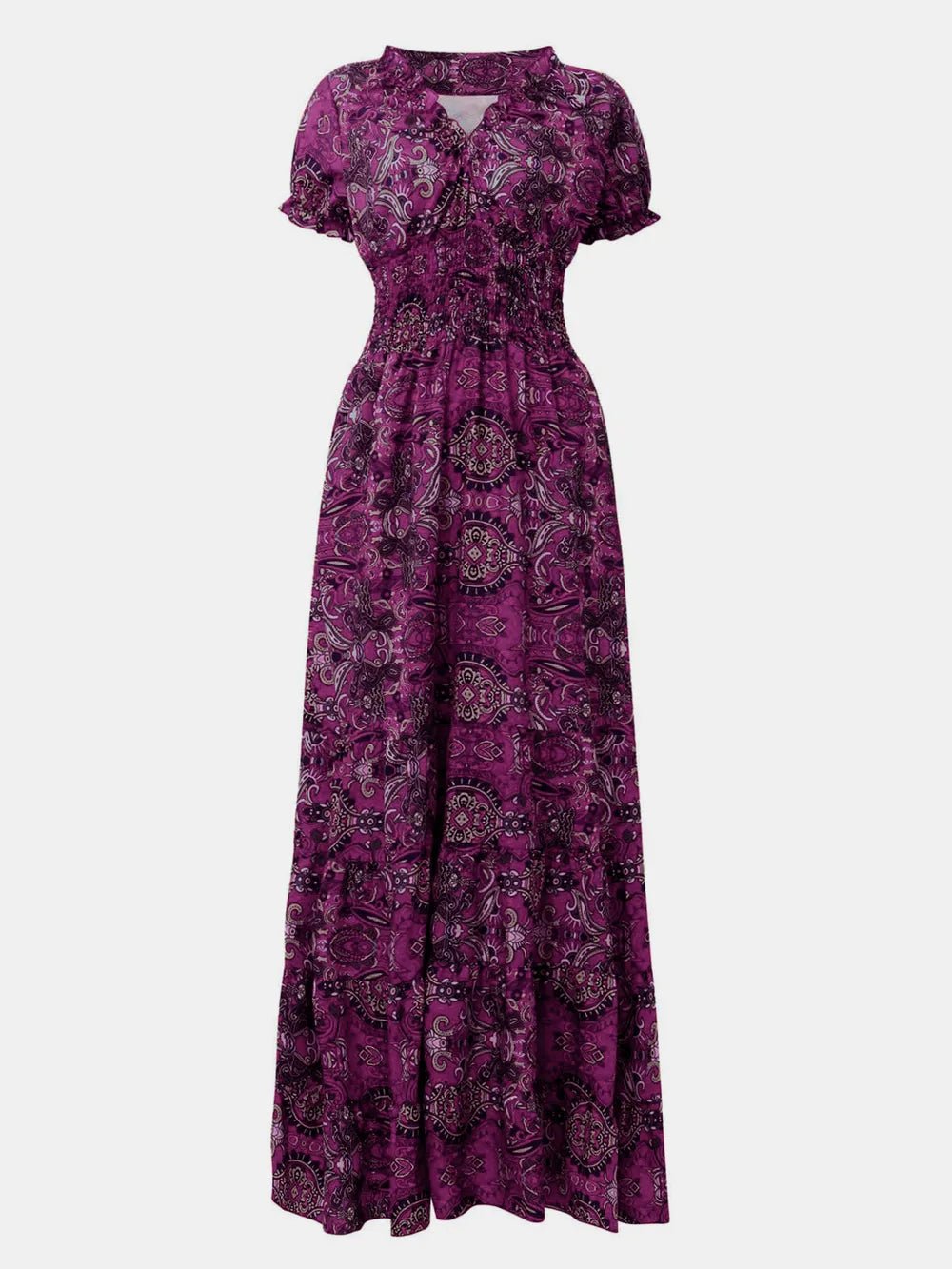 Full Size Smocked Printed V - Neck Short Sleeve Dress - Style Chic Couture