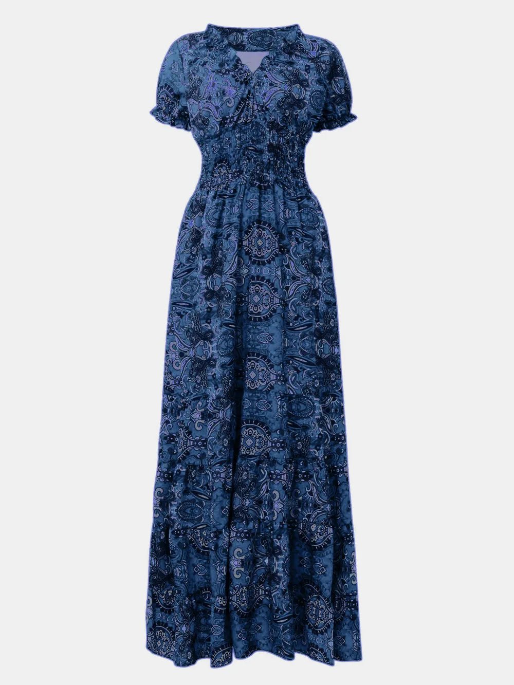 Full Size Smocked Printed V - Neck Short Sleeve Dress - Style Chic Couture