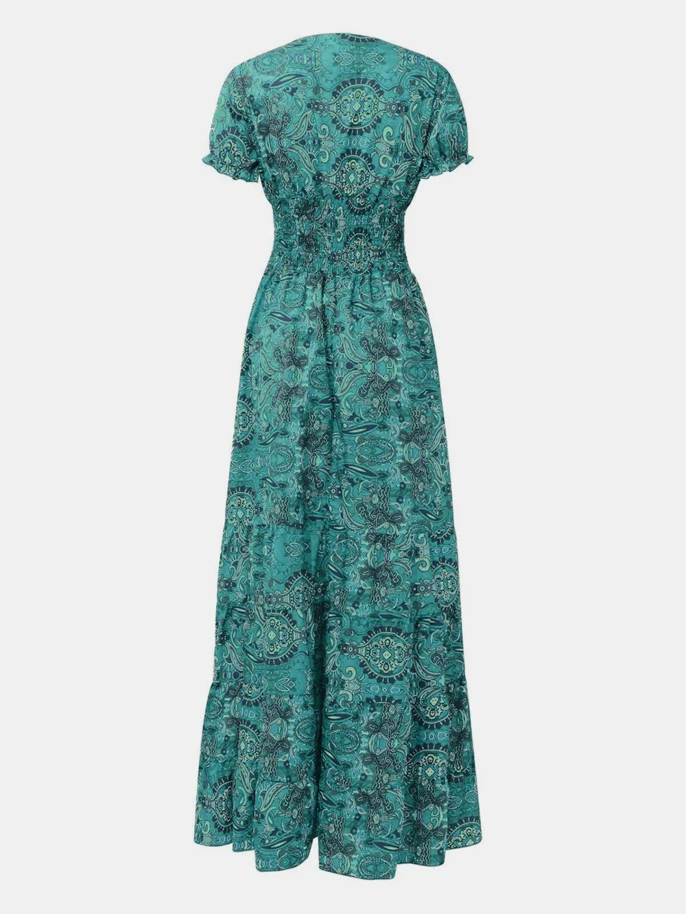 Full Size Smocked Printed V - Neck Short Sleeve Dress - Style Chic Couture