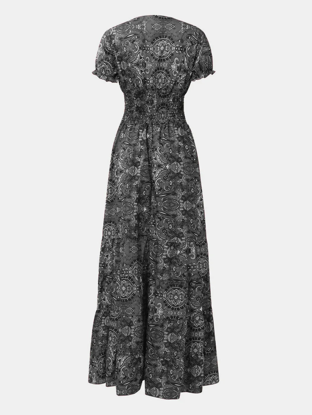 Full Size Smocked Printed V - Neck Short Sleeve Dress - Style Chic Couture