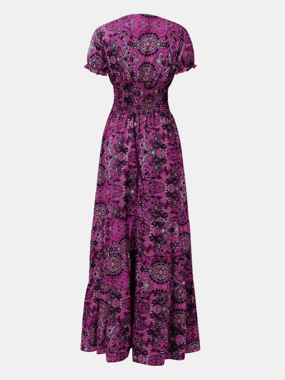 Full Size Smocked Printed V - Neck Short Sleeve Dress - Style Chic Couture