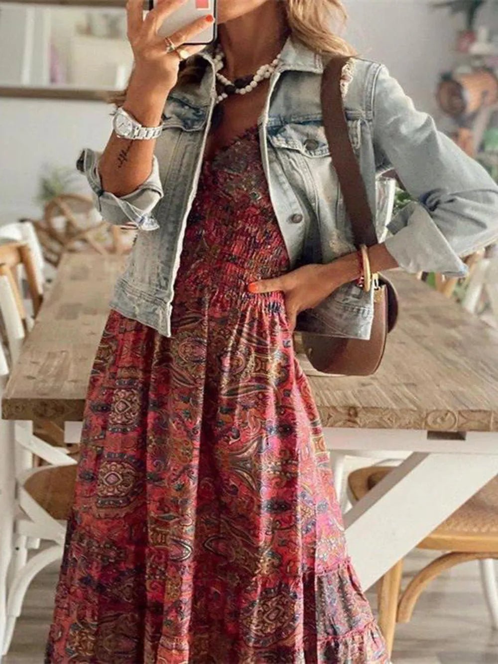 Full Size Smocked Printed V - Neck Short Sleeve Dress - Style Chic Couture