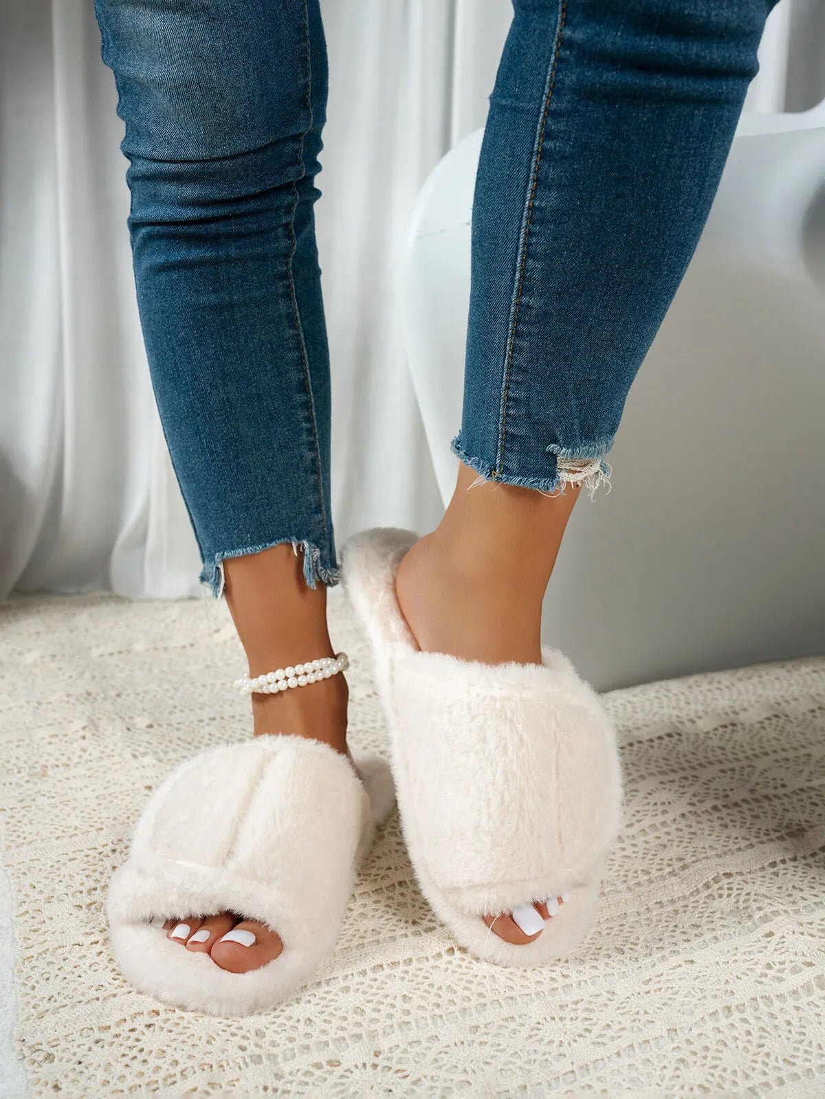 Fuzzy Open Toe Flats Slippers - Style Chic Couture