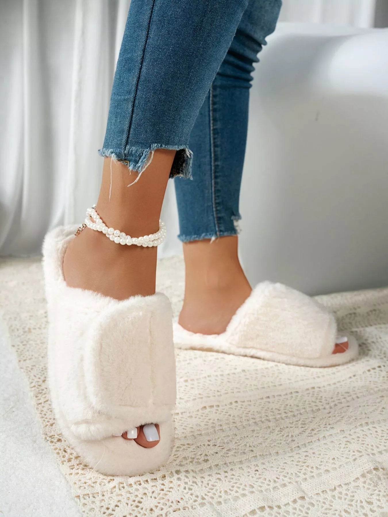 Fuzzy Open Toe Flats Slippers - Style Chic Couture