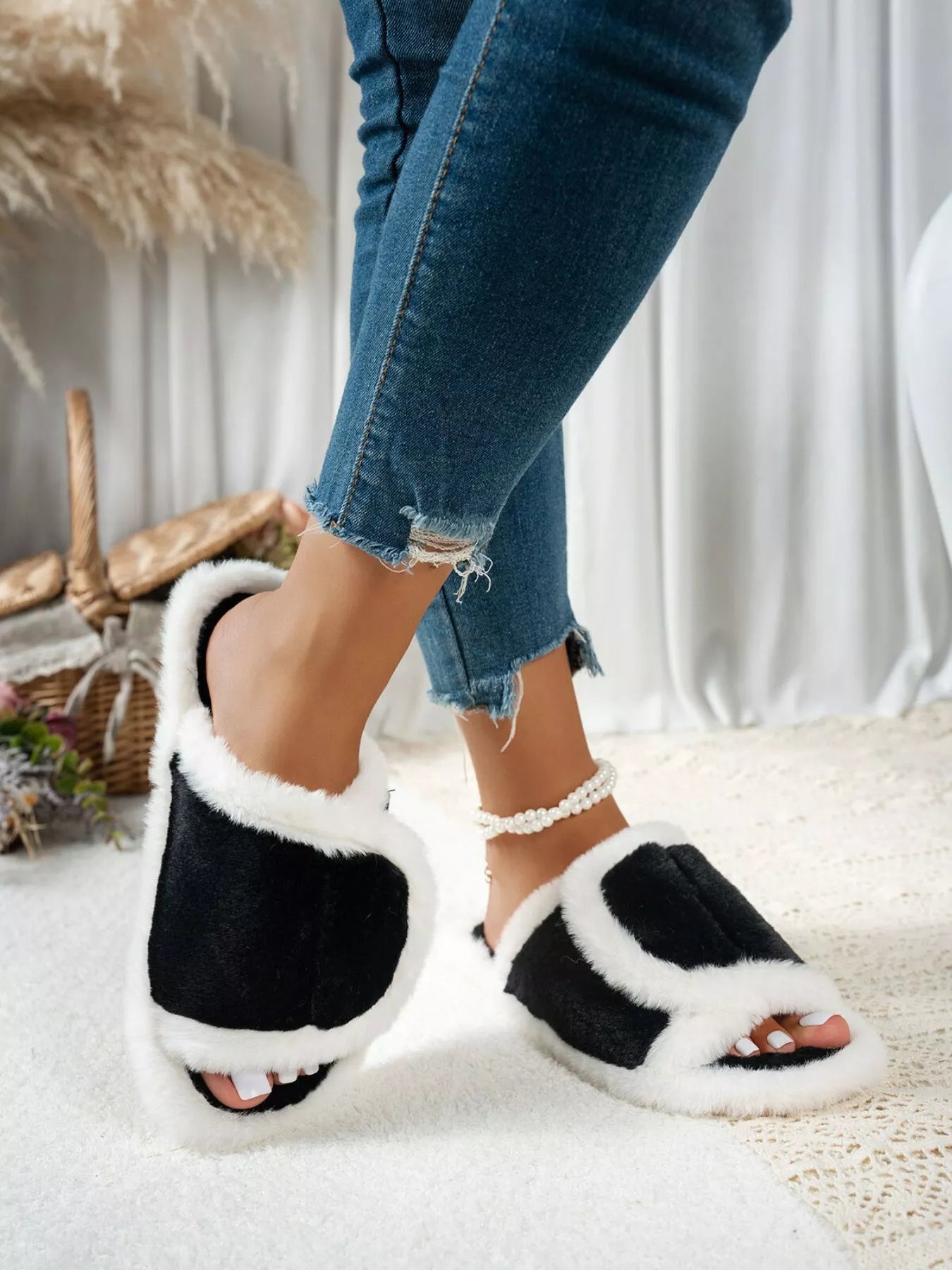 Fuzzy Open Toe Flats Slippers - Style Chic Couture