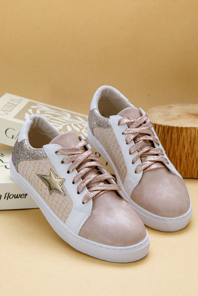 Gold Glitter Star Patchwork PU Leather Lace - up Sneakers - Style Chic Couture