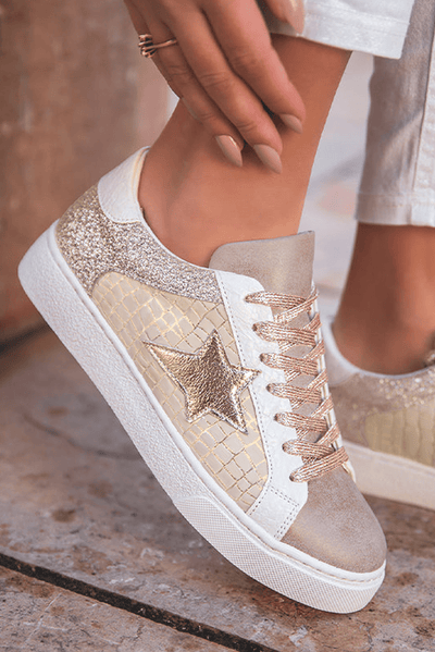 Gold Glitter Star Patchwork PU Leather Lace - up Sneakers - Style Chic Couture