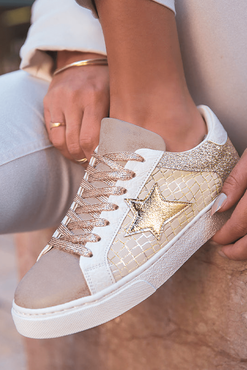 Gold Glitter Star Patchwork PU Leather Lace - up Sneakers - Style Chic Couture
