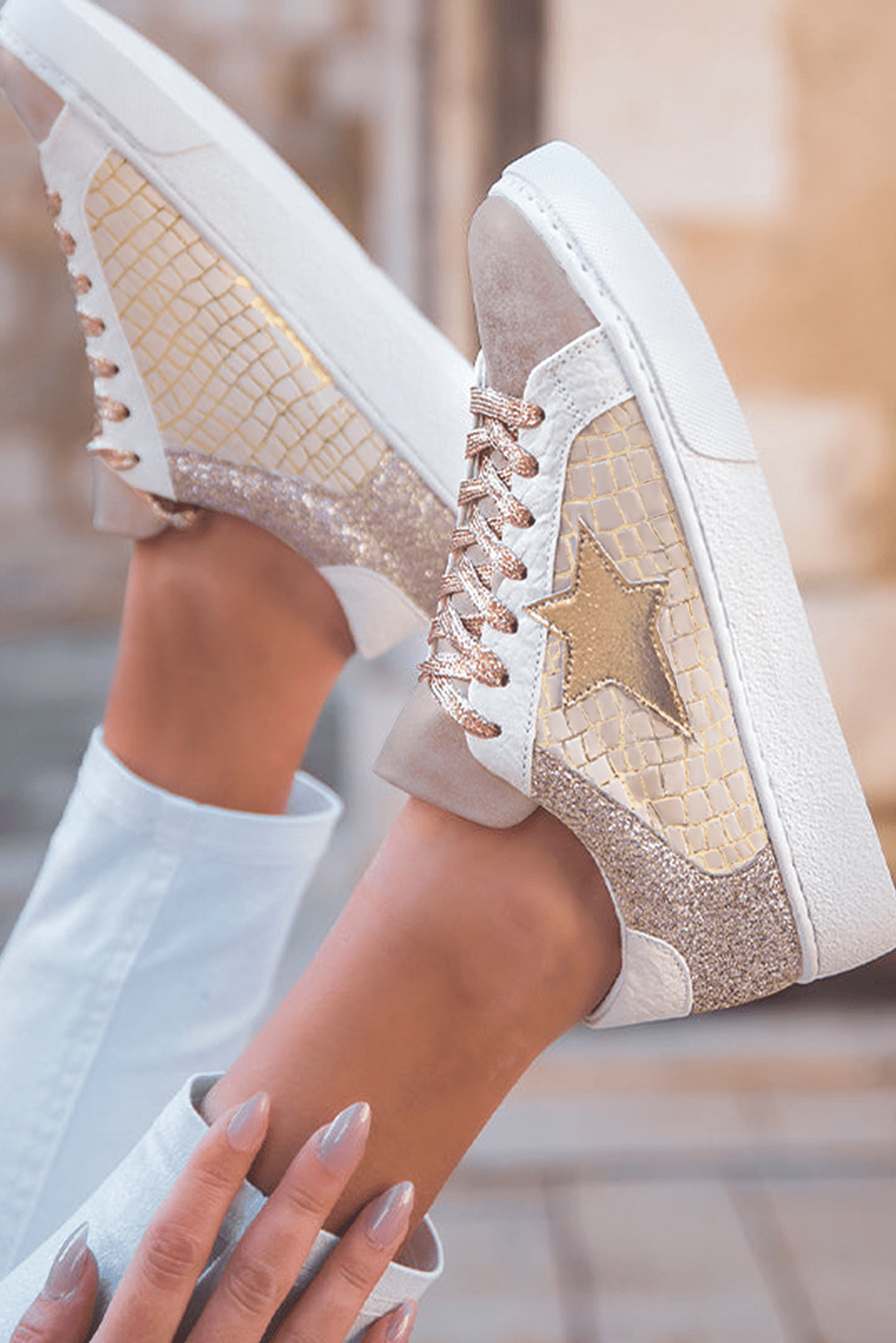 Gold Glitter Star Patchwork PU Leather Lace - up Sneakers - Style Chic Couture
