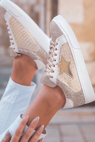 Gold Glitter Star Patchwork PU Leather Lace - up Sneakers - Style Chic Couture
