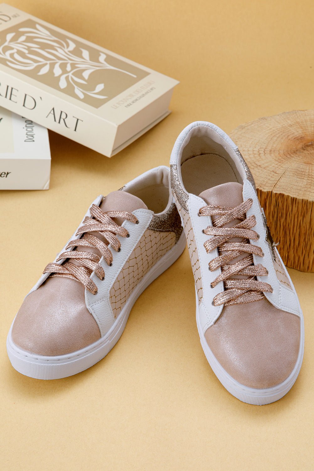 Gold Glitter Star Patchwork PU Leather Lace - up Sneakers - Style Chic Couture