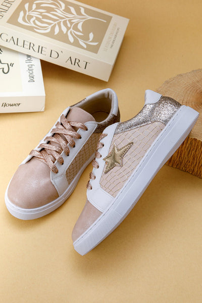 Gold Glitter Star Patchwork PU Leather Lace - up Sneakers - Style Chic Couture