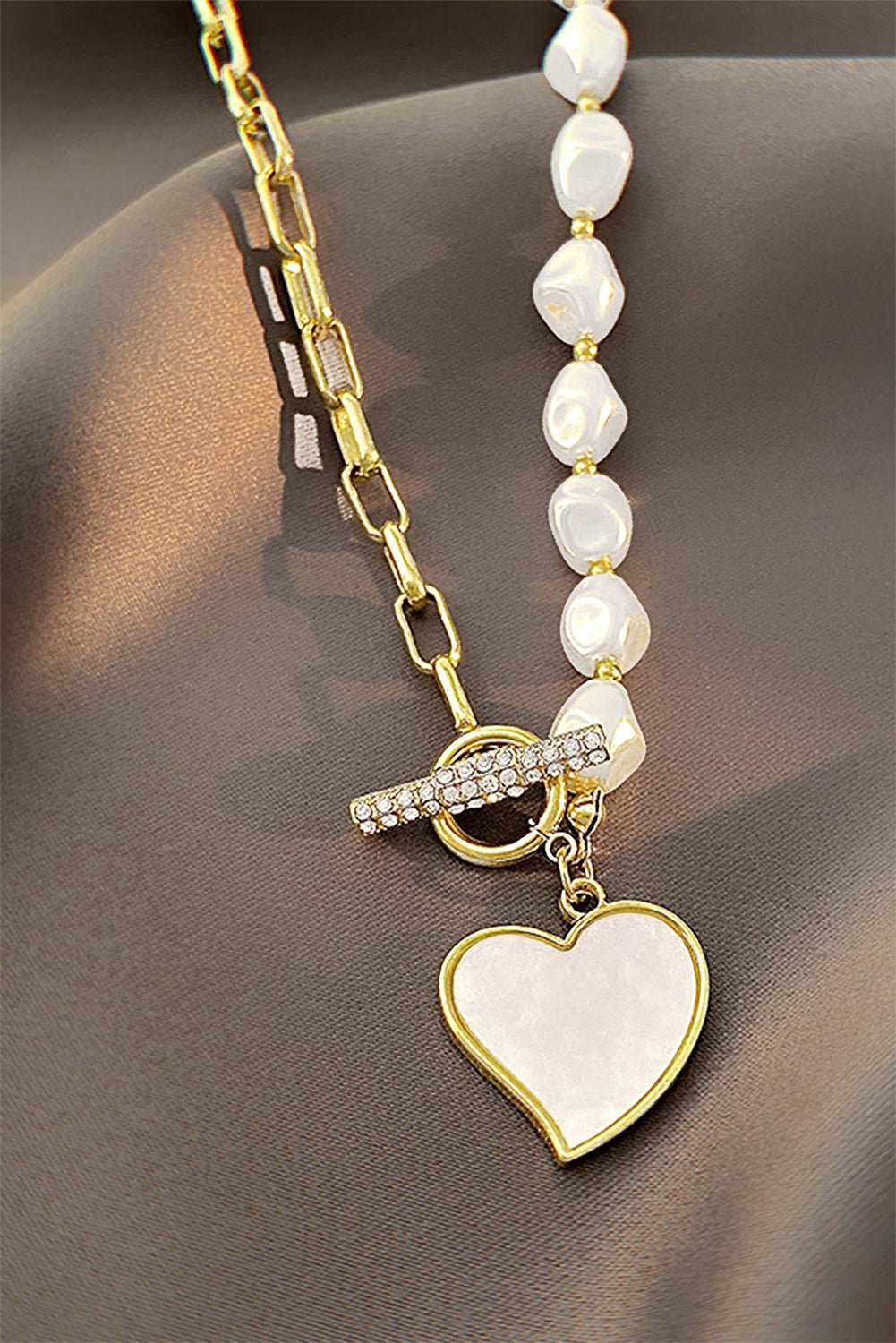 Gold Heart Shape Pendant Rhinestone Decor Pearl Chain Necklace - Style Chic Couture
