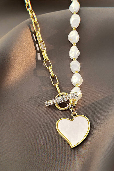 Gold Heart Shape Pendant Rhinestone Decor Pearl Chain Necklace - Style Chic Couture