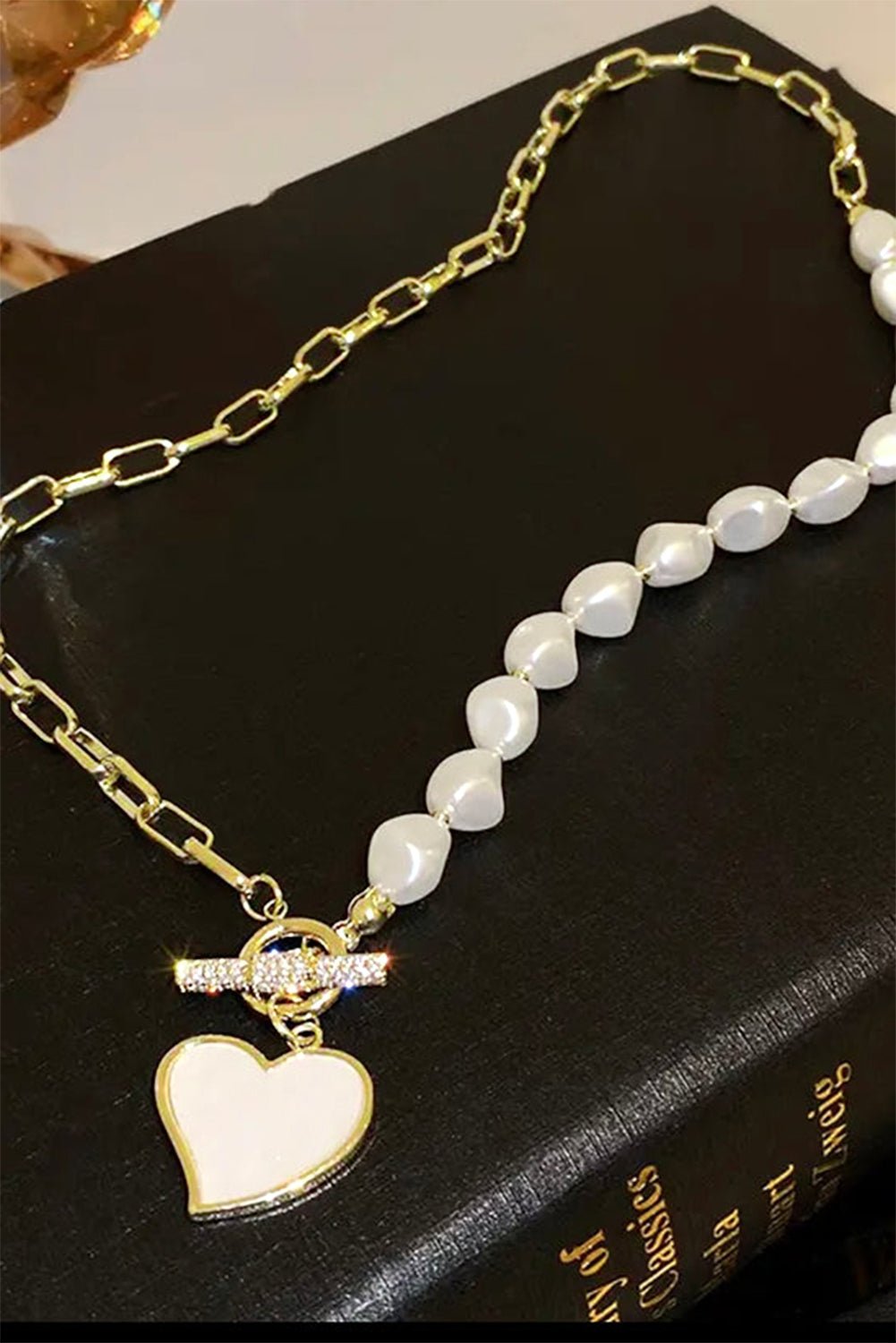 Gold Heart Shape Pendant Rhinestone Decor Pearl Chain Necklace - Style Chic Couture