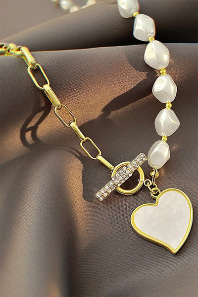 Gold Heart Shape Pendant Rhinestone Decor Pearl Chain Necklace - Style Chic Couture