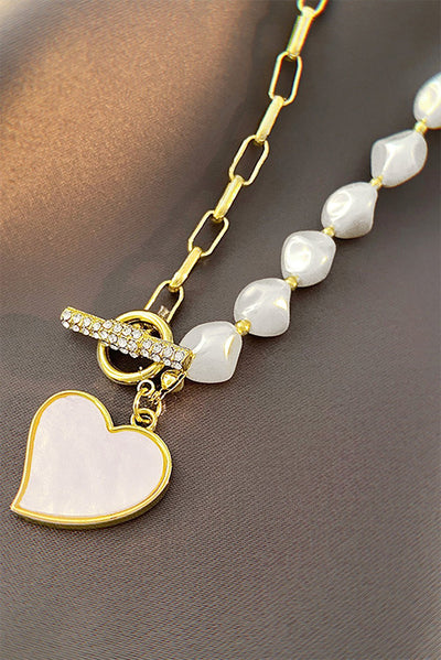 Gold Heart Shape Pendant Rhinestone Decor Pearl Chain Necklace - Style Chic Couture