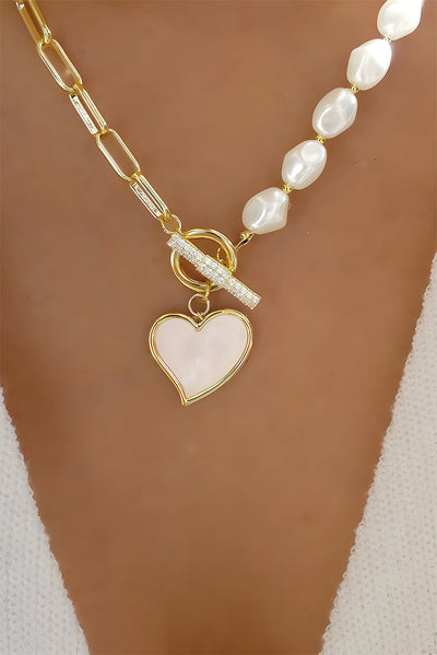 Gold Heart Shape Pendant Rhinestone Decor Pearl Chain Necklace - Style Chic Couture