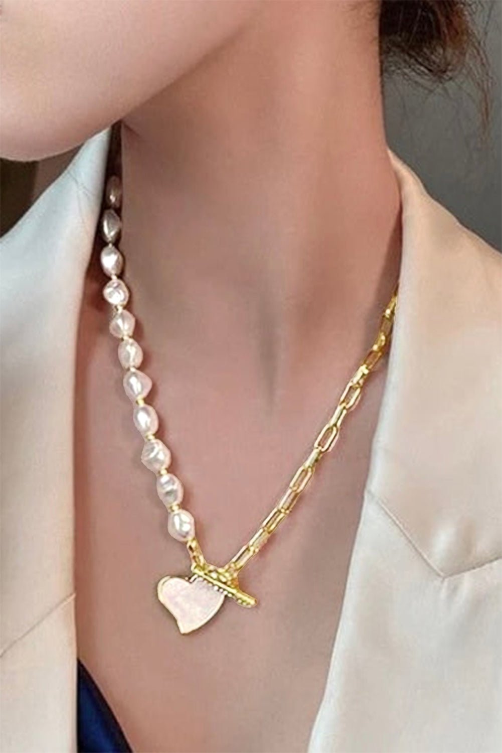Gold Heart Shape Pendant Rhinestone Decor Pearl Chain Necklace - Style Chic Couture
