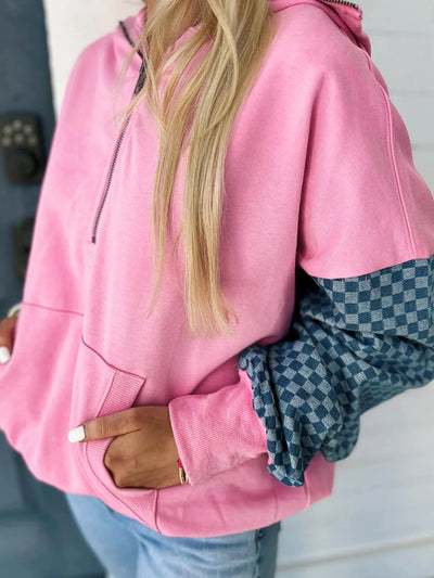 Half Zip Checkered Sleeve Hoodie - Style Chic Couture