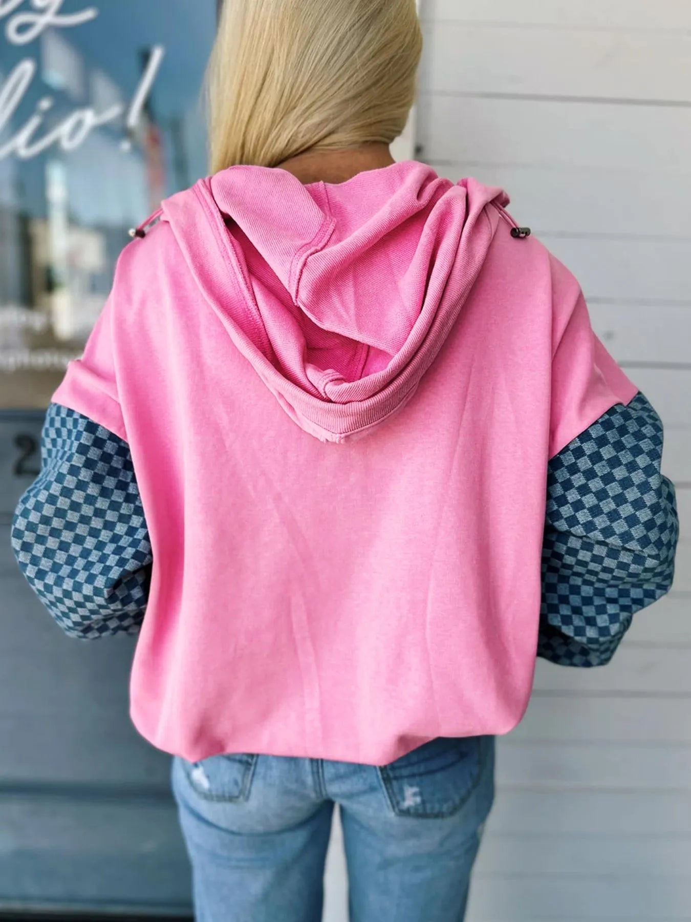 Half Zip Checkered Sleeve Hoodie - Style Chic Couture