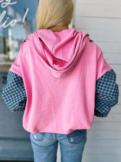 Half Zip Checkered Sleeve Hoodie - Style Chic Couture