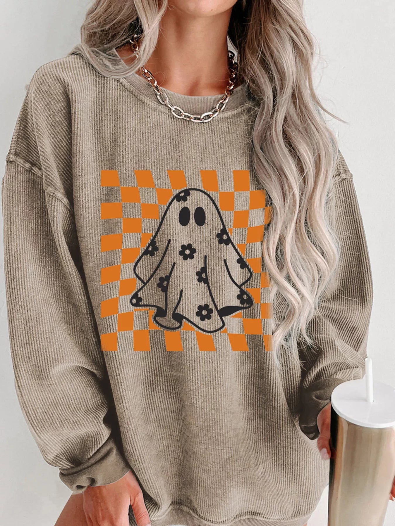 Ghost Floral Corded Sweatshirt - Halloween Checkerboard