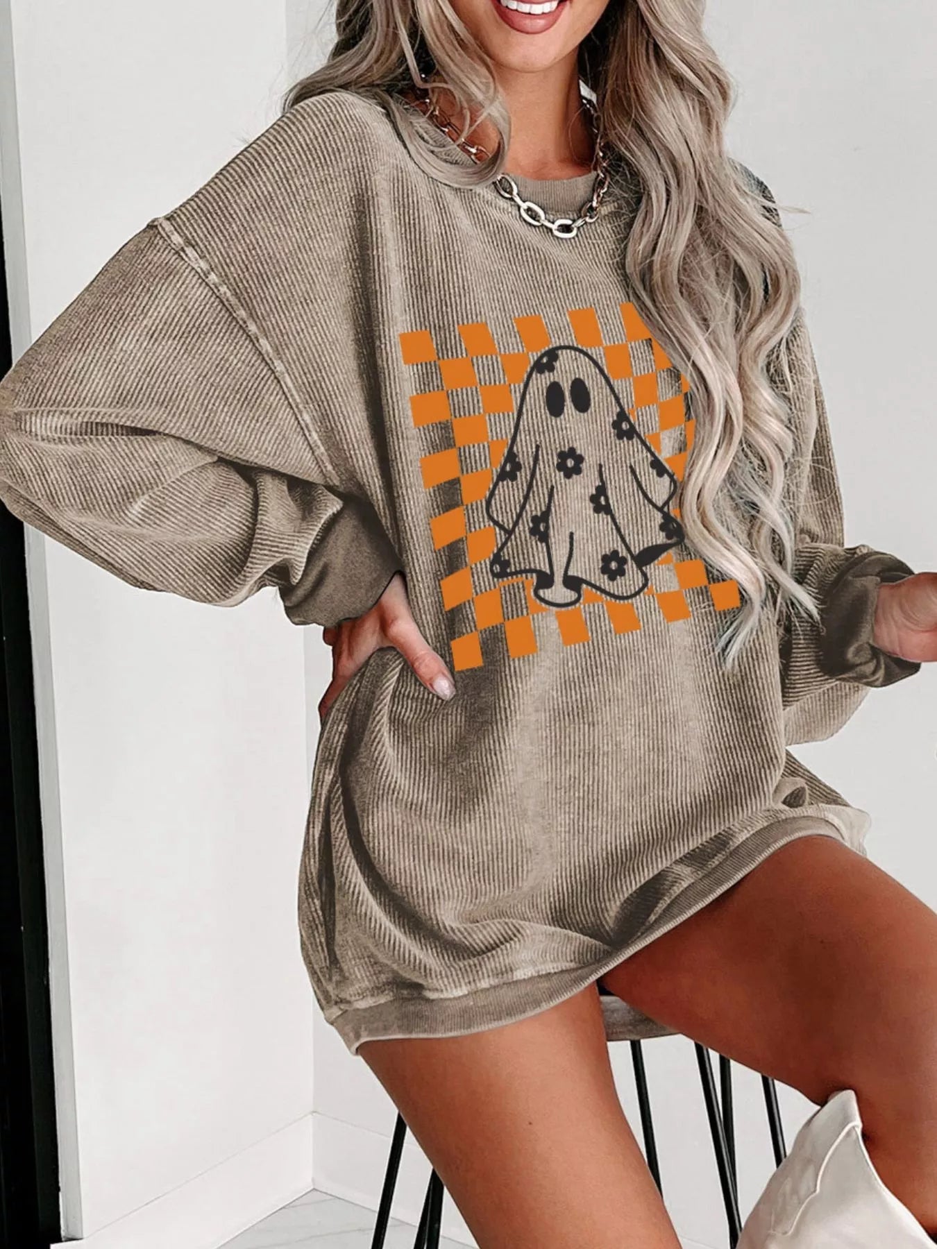 Ghost Floral Corded Sweatshirt - Halloween Checkerboard