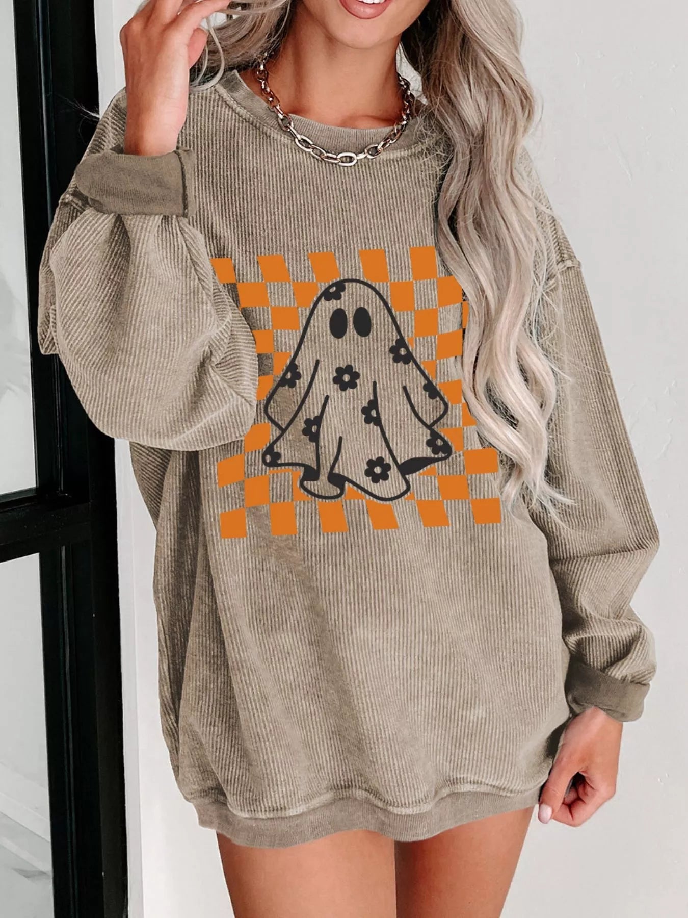 Ghost Floral Corded Sweatshirt - Halloween Checkerboard