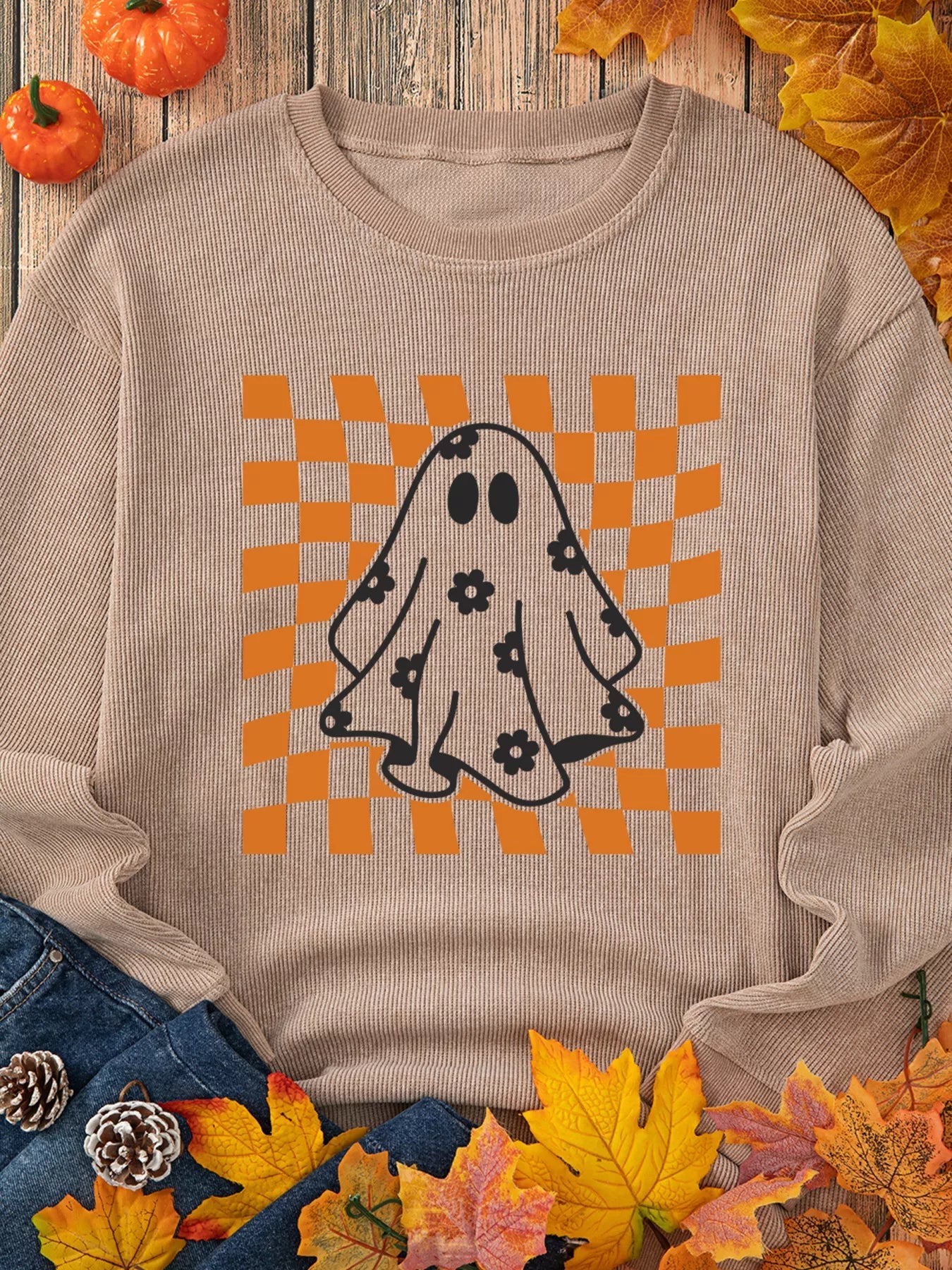 Ghost Floral Corded Sweatshirt - Halloween Checkerboard