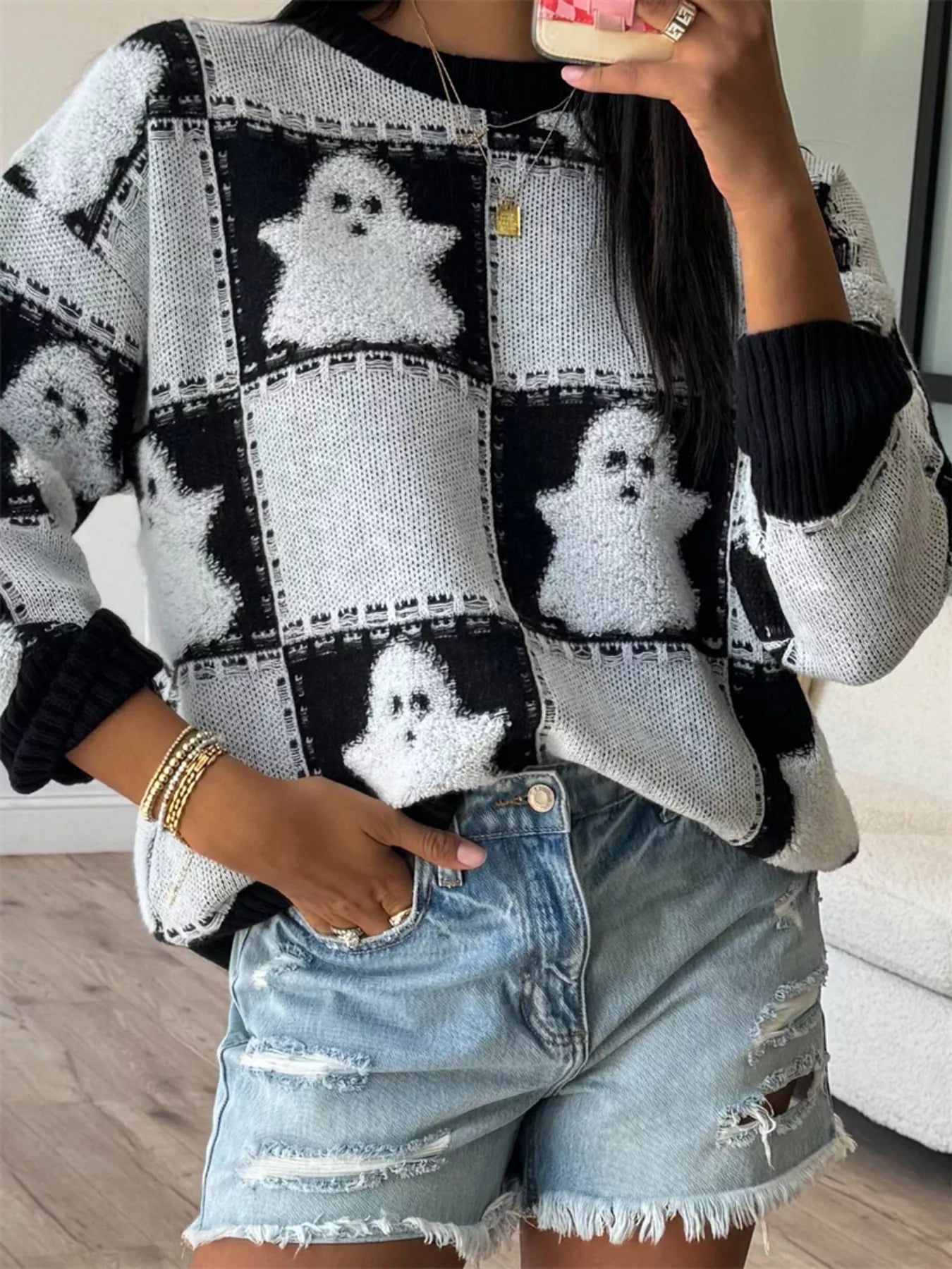 Halloween Ghost Checkered Drop Shoulder Sweater
