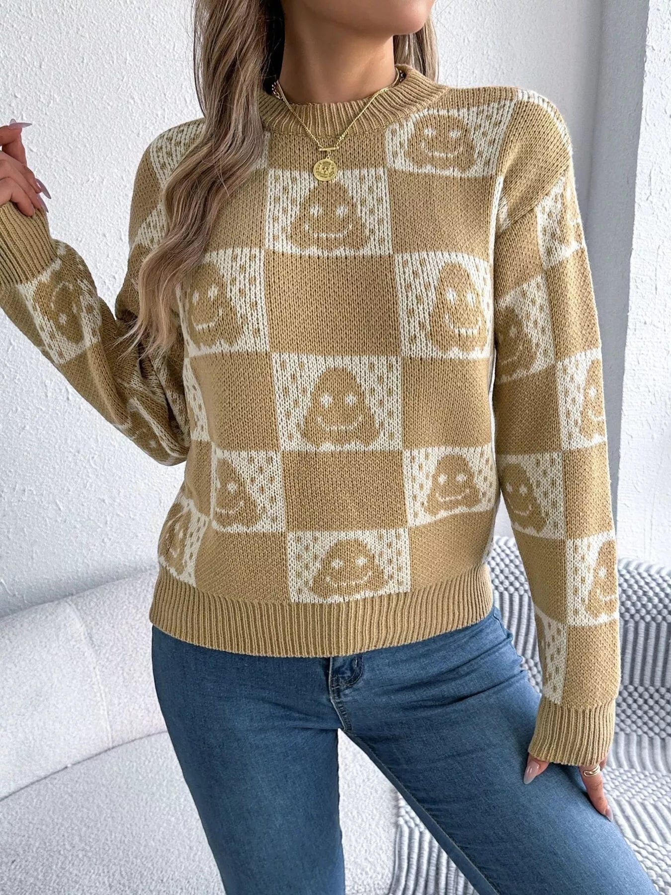 Halloween Ghost Pattern Checkered Round Neck Sweater