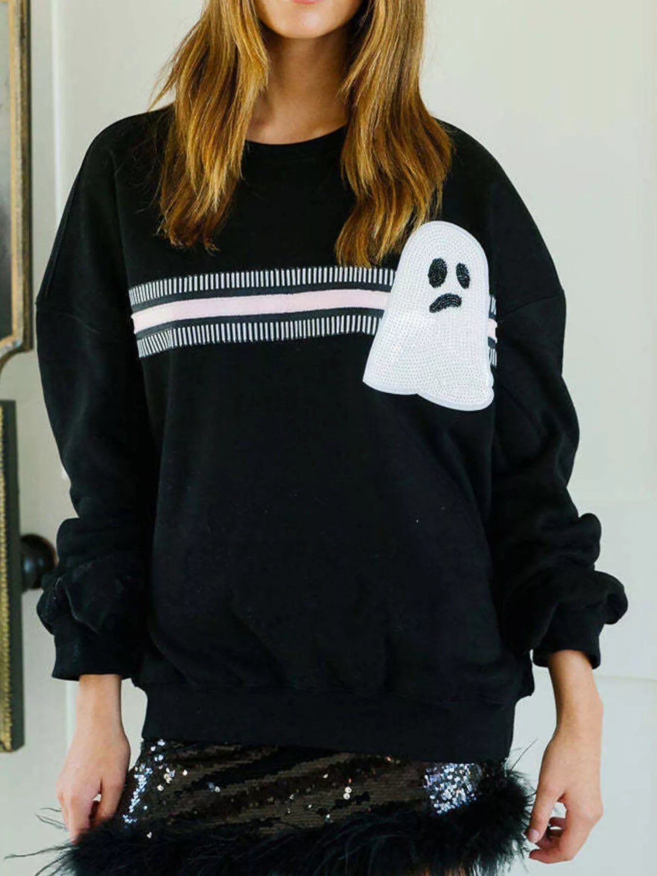 Halloween Sequin Round Neck Sweatshirt