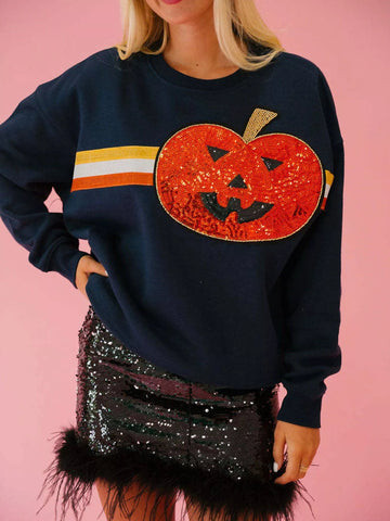 Halloween Sequin Round Neck Sweatshirt