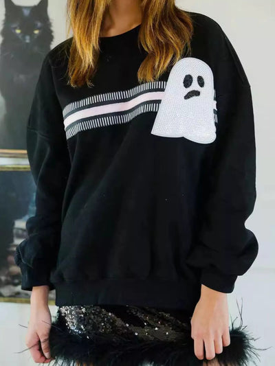 Halloween Sequin Round Neck Sweatshirt