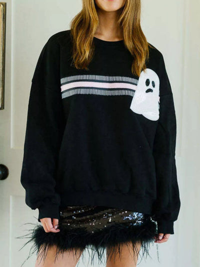 Halloween Sequin Round Neck Sweatshirt