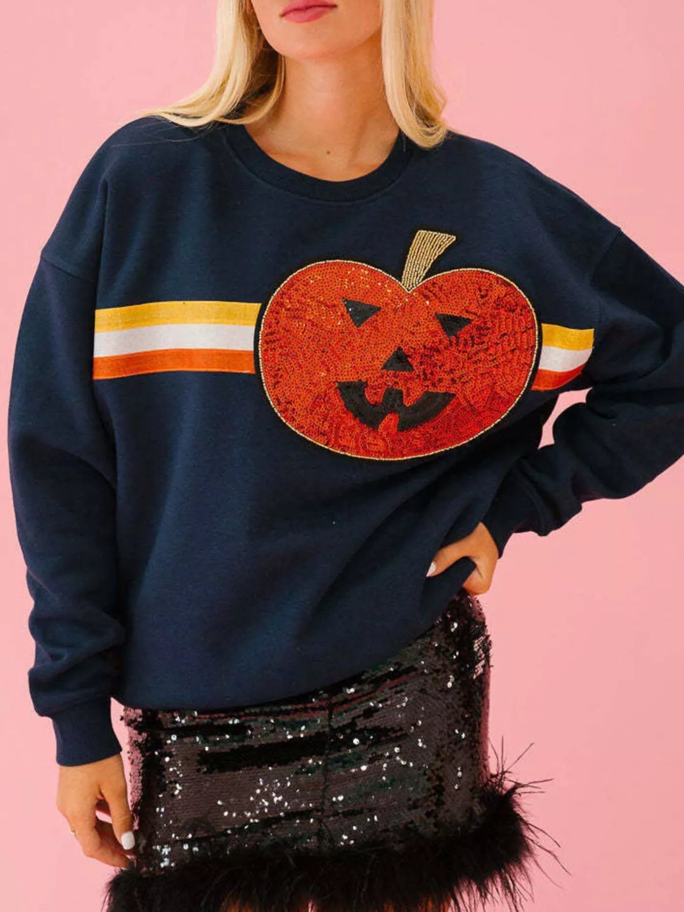 Halloween Sequin Round Neck Sweatshirt