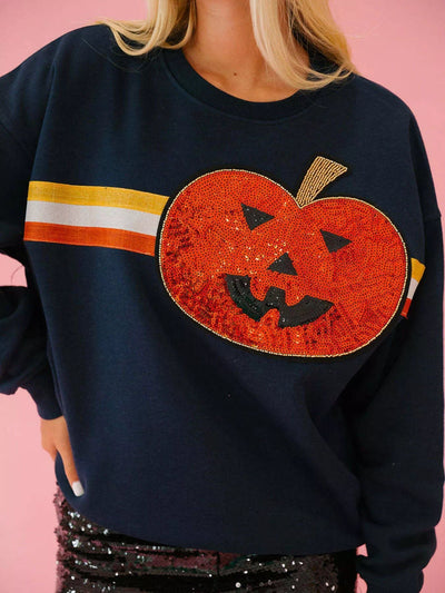 Halloween Sequin Round Neck Sweatshirt