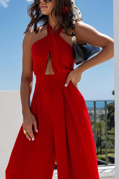 Halter Neck Wide Leg Jumpsuit with Keyhole Detail - Style Chic Couture